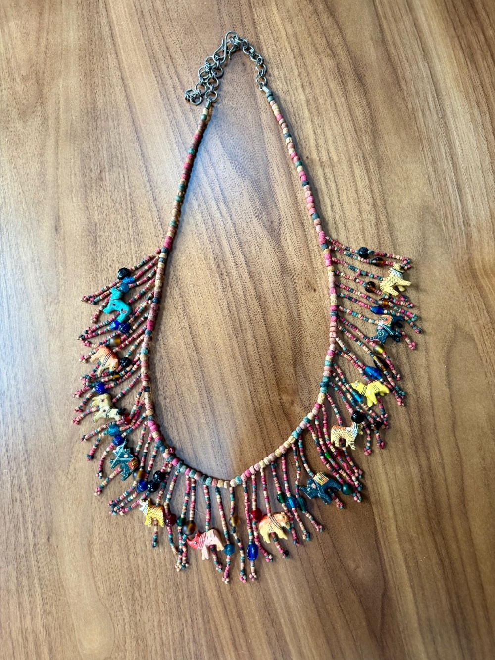 ✨ Vintage 1970s/1980s Hand-Carved Wood Animal Fetish Fringe Statement Necklace ✨